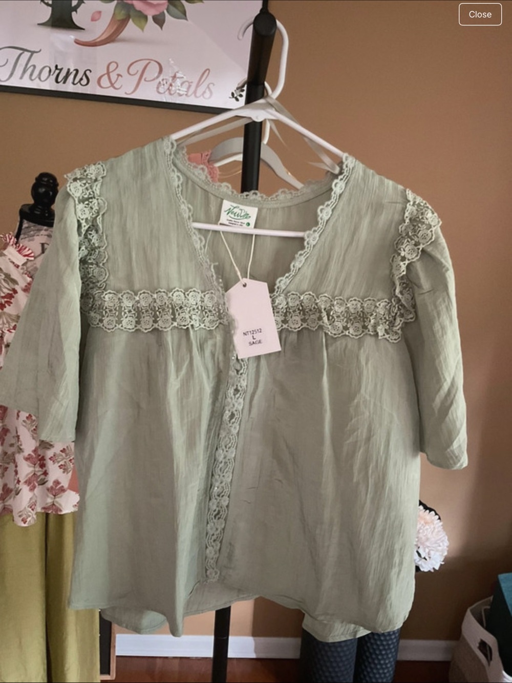 Very J Sage Lace-Trim V-Neck Blouse